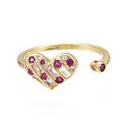Medium Violet Red Cubic Zirconia Heart Open Cuff Ring for Women, Nickel Free, Real 18K Gold Plated, US Size 8(18.1mm)(RJEW-N035-086)