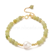 Natural Xiuyan Jade Bead Bracelets, with Sterling Silver Beads and Pearl Beads, Real 18K Gold Plated, 15.8cm(BJEW-E098-18G)