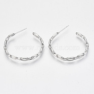 Brass Half Hoop Earrings, Stud Earring, Nickel Free, Cable Chain Shape, Real Platinum Plated, 30x30x3mm, Pin: 0.7mm(KK-R117-055P-NF)