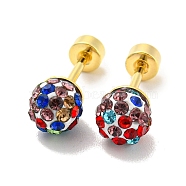 Vacuum Plating Rhinestone Round Ball Straight Barbell Stud Earrings, 304 Stainless Steel Piercing Body Jewelry, Colorful, 15.5x6mm(AJEW-C032-03G)