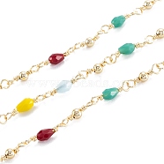 Brass Handmade Beaded Chains, with Colorful Glass Beads, Faceted, Long-Lasting Plated, with Spool, Unwelded, Light Gold, bead: 12x3mm, glass bead: 13x3.5mm, 32.8 Feet(10m)/roll(CHC-M021-18LG)