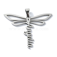 304 Stainless Steel Pendants, Dragonfly with Word Angella Charm, Stainless Steel Color, 36x45x1.5mm, Hole: 7x4mm(STAS-C097-09P)