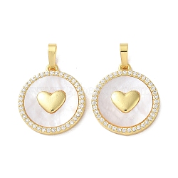 Valentine"s Day Brass Micro Pave Clear Cubic Zirconia Pendants, with Shell, Heart, Real 18K Gold Plated, 21x18.5x2.5mm, Hole: 4x6.5mm(KK-B083-41J-G)