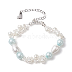 Glass Shell Pearl & ABS Plastic Imitation Pearl Beaded Bracelets for Women, Aquamarine, 6-3/4 inch(17cm), 12mm(BJEW-JB10597)