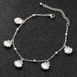 Bohemia Style Ocean Theme 304 Stainless Steel Anklets, Stainless Steel Color, Shell Shape, 7-7/8 inch(200mm)(WG73A42-07)