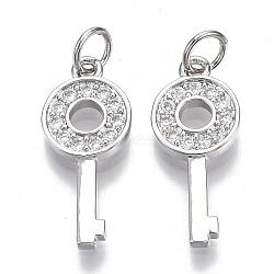 Brass Micro Pave Clear Cubic Zirconia Pendants, with Jump Rings, Key, Nickel Free, Real Platinum Plated, 20.5x9x2mm, Jump Rings: 5x1mm, Inner Diameter: 3mm(KK-N227-16P-NF)