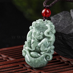 Natural Jadeite Pendant Necklaces, with Resin Bead and Wax Rope, the 12 Chinese Zodiac, Mouse, 26.38 inch(67cm), Pendant: 34.5x23mm(G-H306-05-01)