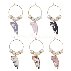 Alloy Enamel Wine Glass Charms, with Glass Seed Beads and Brass 
Hoops, Cat, Mixed Color, 56mm, 6pcs/set(AJEW-JO00179)