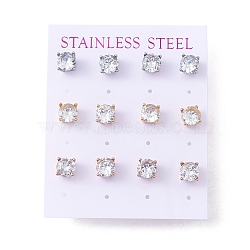 6 Pairs Cubic Zirconia Flat Round Stud Earrings, 304 Stainless Steel Jewelry for Women, Mixed Color, Clear, 7mm, Pin: 0.7mm(EJEW-G291-04D-M)