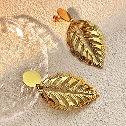 304 Stainless Steel Dangle Stud Earrings for Women, Leaf, Golden, 65x31mm(EJEW-U054-02G)