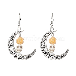 Halloween Alloy Synthetic Turquoise Dangle Earrings,  Brass Resin Earring for Women, Moon with Skull, Orange, 58x35mm(EJEW-JE05844-04)