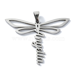 Non-Tarnish 304 Stainless Steel Pendants, Dragonfly with Word Angella Charm, Stainless Steel Color, 36x45x1.5mm, Hole: 7x4mm(STAS-C097-09P)