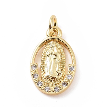 Brass Micro Pave Cubic Zirconia Pendants, with Jump Ring, Oval with Religion Virgin Mary Charm, Golden, 15.5x10x2mm, Hole: 2.8mm