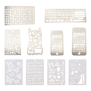 Plastic & Stainless Steel Drawing Stencil, Hollow Hand Accounts Ruler Templat, For DIY Scrapbooking, Stainless Steel Color, 10pcs/set