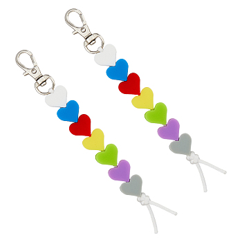 Silicone Heart Pendant Decoration, with Alloy Swivel Lobster Claw Clasps, Colorful, 137x14x8mm, 2pcs/set
