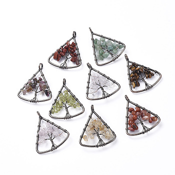 Long-Lasting Plated Brass Pendants, Wire Wrapped Pendants, with Natural Mixed Gemstone Chips, Triangle with Tree, Red Copper, 39~40x30~31x4~8mm, Hole: 4.5mm