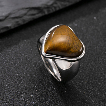 304 Stainless Steel with Natural Tiger Eye Finger Rings for Men, Stainless Steel Color, Heart, US Size 9(18.9mm)