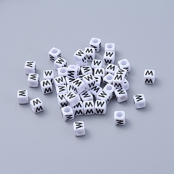 Pandahall 50g Opaque Acrylic Horizontal Hole Letter Beads, Cube, Letter W, 6x6x6mm, Hole: 3.2mm