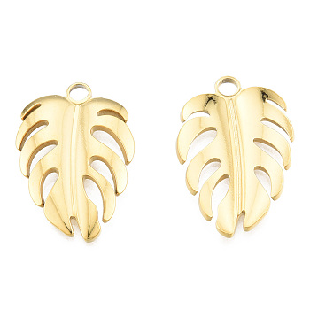 Ion Plating(IP) 201 Stainless Steel Pendants, Monstera Leaf, Real 18K Gold Plated, 26.5x18x2mm, Hole: 2.5mm