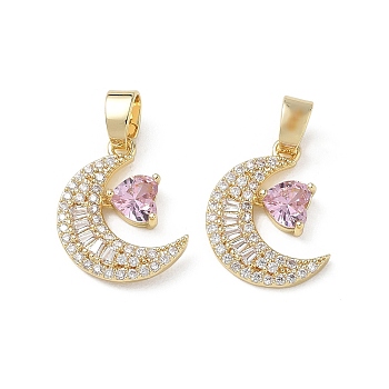 Brass Micro Pave Mixed Color Cubic Zirconia Pendants, Long-Lasting Plated, Moon with Triangle Charms, Real 18K Gold Plated, 16.5x12.5x3.5mm, Hole: 5x3.5mm