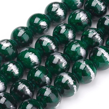 Natural Mashan Jade Beads Strands, Brushed Silver Color, Dyed, Round, Dark Green, 10mm, Hole: 0.8mm, about 40pcs/strand, 15.94 inch(40.5cm)
