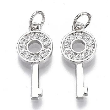Brass Micro Pave Clear Cubic Zirconia Pendants, with Jump Rings, Key, Nickel Free, Real Platinum Plated, 20.5x9x2mm, Jump Rings: 5x1mm, Inner Diameter: 3mm