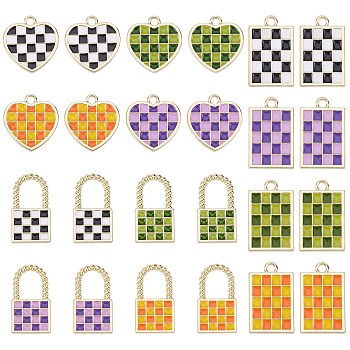 SUPERFINDINGS 24Pcs 12 Style Rack Plating Alloy Checkerboard Pendants, with Enamel, Cadmium Free & Lead Free, Light Gold, Mixed Color, 18.5~22x11.5~18x2mm, Hole: 2~8mm, 2pcs/style