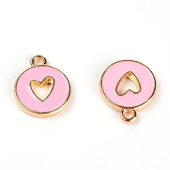 Zinc Alloy Enamel Charms, Flat Round with Hollow Heart, Light Gold, Pink, 14x12x2mm, Hole: 1.5mm