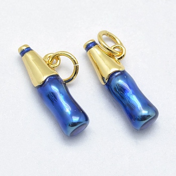 Brass Pendants, with Enamel, Cadmium Free & Nickel Free & Lead Free, Long-Lasting Plated, Bottle, Blue, Real 18K Gold Plated, 17x4.5mm, Hole: 3mm