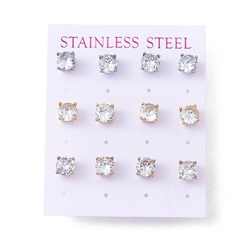 6 Pairs Cubic Zirconia Flat Round Stud Earrings, 304 Stainless Steel Jewelry for Women, Mixed Color, Clear, 7mm, Pin: 0.7mm