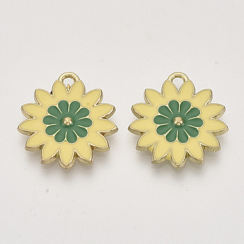 Two Tone Alloy Enamel Pendants, Light Gold, Flower, Pale Goldenrod, 21x19x2.5mm, Hole: 2mm