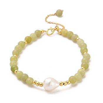 Natural Xiuyan Jade Bead Bracelets, with Sterling Silver Beads and Pearl Beads, Real 18K Gold Plated, 15.8cm