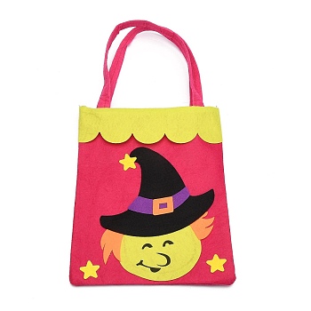 Non-woven Fabrics Halloween Candy Bag, Trick or Treat Tote, with Handles, Gift Bag Party Favors for Kids Boys Girls, Rectangle, Cerise, Witch Pattern, 41x21x0.3cm
