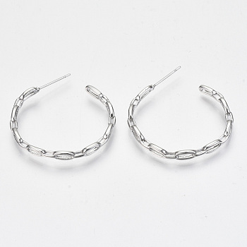 Brass Half Hoop Earrings, Stud Earring, Nickel Free, Cable Chain Shape, Real Platinum Plated, 30x30x3mm, Pin: 0.7mm