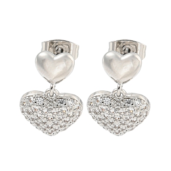 Heart Brass Pave Clear Cubic Zirconia Dangle Stud Earrings, Platinum, 17x11.5mm