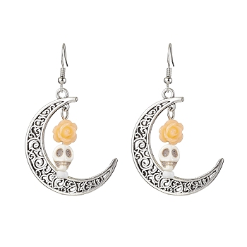 Halloween Alloy Synthetic Turquoise Dangle Earrings,  Brass Resin Earring for Women, Moon with Skull, Orange, 58x35mm