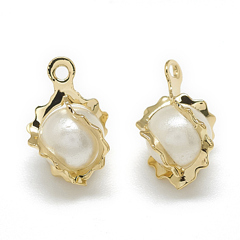 ABS Plastic Imitation Pearl Charms, with Brass Findings, Round, Real 18K Gold Plated, 11.5x8x7mm, Hole: 1mm