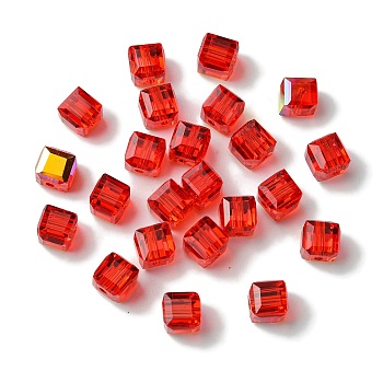 100Pcs Transparent Electroplate Glass Beads, AB Color Plated, Faceted, Cube, Red, 7x7x7mm, Hole: 1.6mm