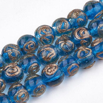 Handmade Gold Sand Lampwork Beads, Round, Dodger Blue, 10~11x9~9.5mm, Hole: 1.5~2mm