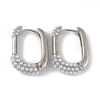 Plastic Imitation Pearl Oval Hoop Earrings, Brass Jewelry for Women, Long-Lasting Plated, Lead Free & Cadmium Free, Platinum, 25x19x7mm, Pin: 0.8mm