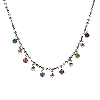 304 Stainless Steel Necklaces, with Rhinestone Charms, Round, Stainless Steel Color, 17.72 inch(45cm)