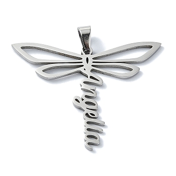 304 Stainless Steel Pendants, Dragonfly with Word Angella Charm, Stainless Steel Color, 36x45x1.5mm, Hole: 7x4mm