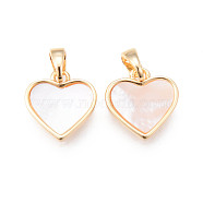 Brass Charms, with Shell and Snap on Bails, Heart, Real 18K Gold Plated, Nickel Free, Seashell Color, 12x12x2.5mm, Hole: 2.5x4.5mm(KK-R116-004-NF)