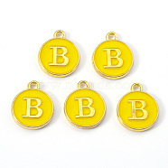 Golden Plated Alloy Enamel Charms, Enamelled Sequins, Flat Round with Letter, Gold, Letter.B, 14x12x2mm, Hole: 1.5mm(X-ENAM-S118-09B)