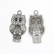 Antique Silver Alloy Rhinestone Owl Pendants for Halloween Jewelry, Crystal, 33x17x4mm, Hole: 2mm(RB-J222-01AS)