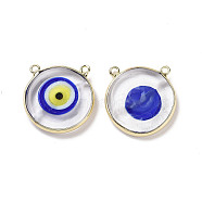 Handmade Lampwork Pendants, with Golden Plated Brass Findings, Cadmium Free & Lead Free, Flat Round with Evil Eye, Blue, 21x21x4.5mm, Hole: 1.5mm(LAMP-P057-04G-03)