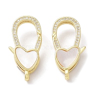 Rack Plating Brass Micro Pave Clear Cubic Zirconia Lobster Claw Clasps, with Natural Shell, Cadmium Free & Lead Free, Long-Lasting Plated, Real 18K Gold Plated, Heart, 26x13x5mm, Hole: 3x1.5mm(KK-F858-06A-G)