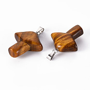 Natural Tiger Eye Pendants, with Stainless Steel Snap On Bails, Mushroom, Stainless Steel Color, 27.5~28.5x23~25x9.5~10.5mm, Hole: 3x5mm(X-G-R480-02F)