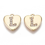 Brass Micro Pave Clear Cubic Zirconia Charms, Nickel Free, Real 18K Gold Plated, Flat Heart, Letter.L, 10x10x1mm, Hole: 1mm(KK-N231-234L-NF)