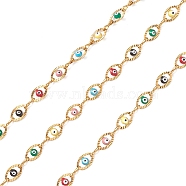 304 Stainless Steel Evil Eye Enamel Link Chains, Unwelded, with Spool, Horse Eye, Golden, 8.5x5.5x3mm(CHS-P016-31G)